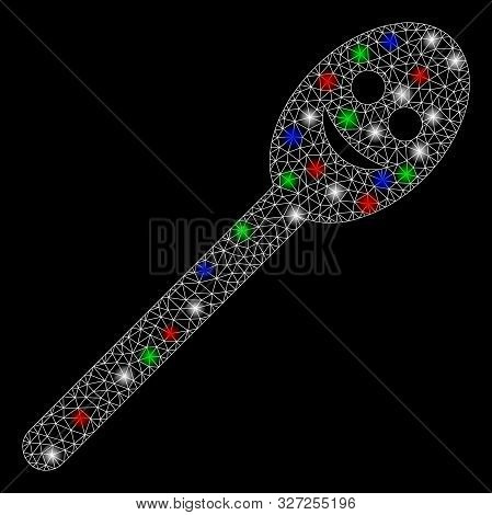 Bright Mesh Happy Spoon With Lightspot Effect. White Wire Frame Polygonal Network In Vector Format O