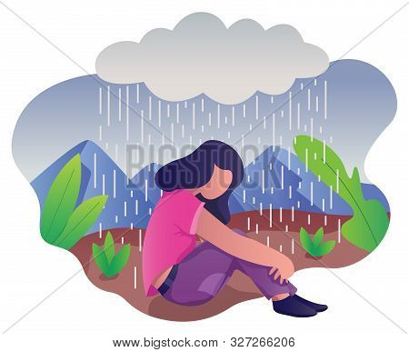 Conceptual Flat Design Illustration For Depression, Depicting Woman, Sitting On The Ground With Dark