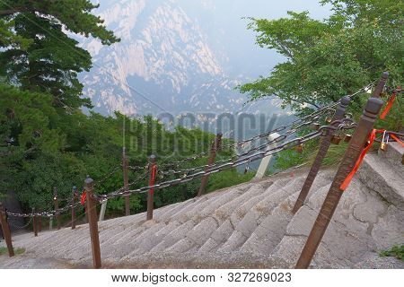 Steep Ladder In Sacred Taoist Mountain Mount Huashan, Popular Touristic Place With Five Main Peaks,