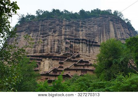 Maijishan Cave-temple Complex In Tianshui City, Gansu Province China. A Mountain With Religious Cave