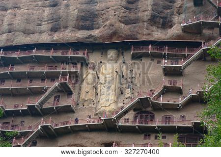 Maijishan Cave-temple Complex In Tianshui City, Gansu Province China. A Mountain With Religious Cave