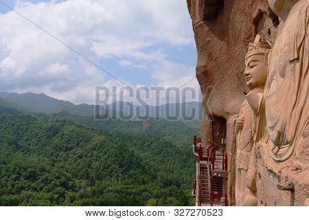 Maijishan Cave-temple Complex In Tianshui City, Gansu Province China. A Mountain With Religious Cave