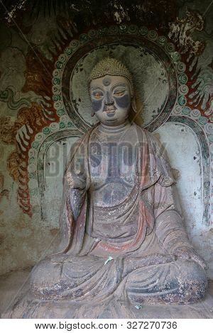 Maijishan Cave-temple Complex In Tianshui City, Gansu Province China. A Mountain With Religious Cave