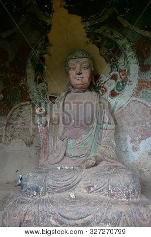 Maijishan Cave-temple Complex In Tianshui City, Gansu Province China. A Mountain With Religious Cave