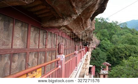 Maijishan Cave-temple Complex Corridor In Tianshui City, Gansu Province China. A Mountain With Relig