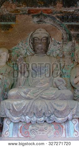 Maijishan Cave-temple Complex In Tianshui City, Gansu Province China. A Mountain With Religious Cave