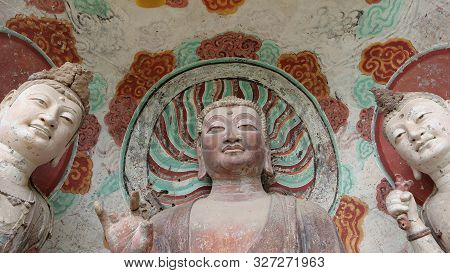Maijishan Cave-temple Complex In Tianshui City, Gansu Province China. A Mountain With Religious Cave