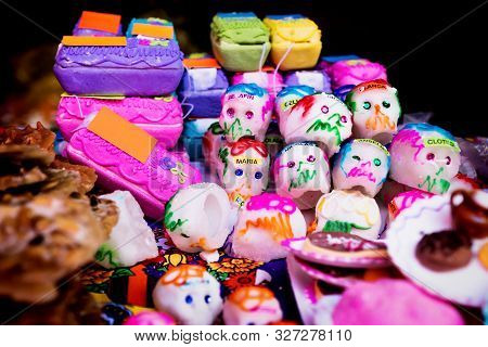 Mexican Sugar Skull And Coffin Candy, Calaveras, Traditionally Used For Dias De Los Muertos, Hallowe