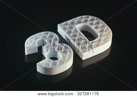 3D Printers. 3D Text White Color Abs Against Black Background,
