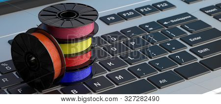 3D Printing Software. Abs Filaments On A Laptop Keyboad. 3D Illustration