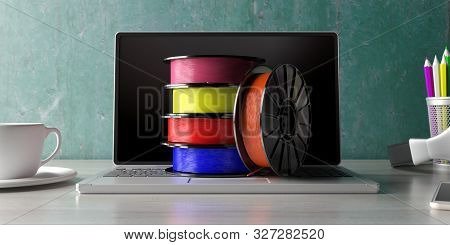 3D Printing Software. Abs Filaments On A Laptop, Home Office Background. 3D Illustration
