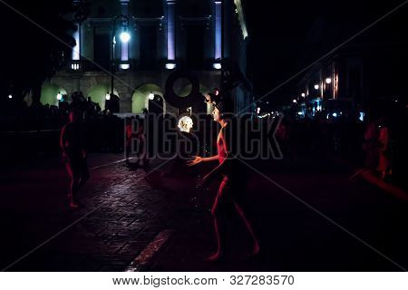 Merida, Mexico - 26 January 2019: Pok Ta Pok Traditional Mayan Ball Game Performance With Ball In Fi