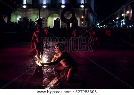 Merida, Mexico - 26 January 2019: Pok Ta Pok Traditional Mayan Ball Game Performance, Man Catching B