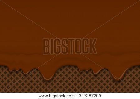 Dripping Chocolate Ice Cream Or Icing Flowing Over Brown Waffle Texture Background. Cafe Menu, Food 