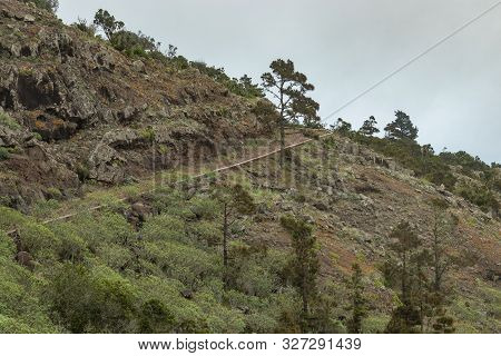 Parque Natural Majona. Northeastern Part Of La Gomera Island. Old Volcanic Mountains Covered By Gree