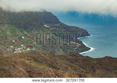Aerial View Of Northeast Of La Gomera Island. Beautiful Rocky Ocean Coast With Breaking Waves. Playa