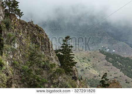 Parque Natural Majona. Northeastern Part Of La Gomera Island. Old Volcanic Mountains Covered By Gree