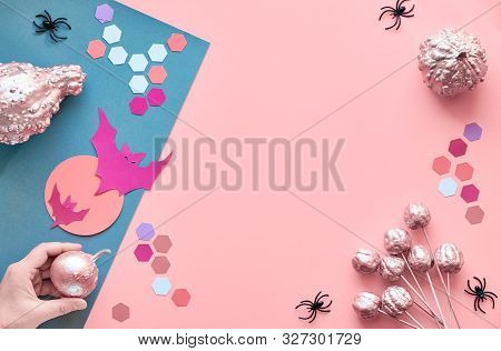 Creative Paper Craft Halloween Flat Lay On Pink And Grez Split Paper Background With Copzßspace. Han