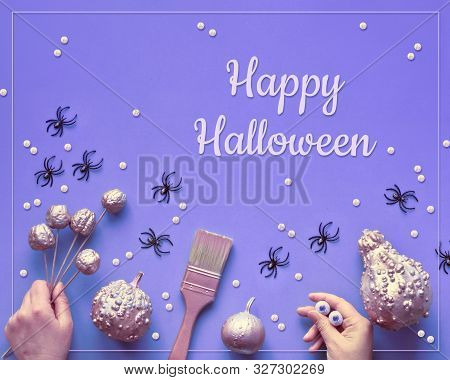 Creative Halloween Neon Flat Lay On Purple Paper Background, Text 