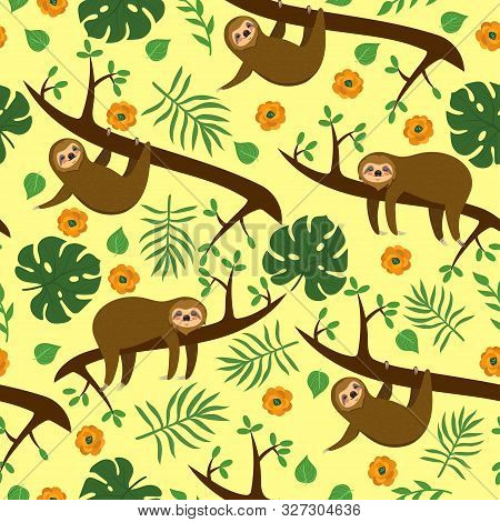 Seamless Pattern With Sloths In The Jungle.