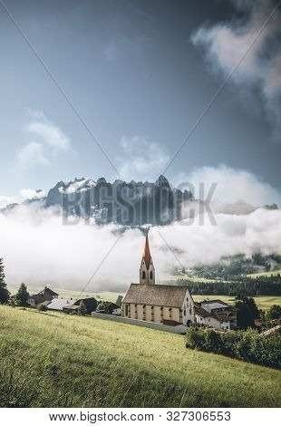 View Of Dobbiaco Lake And Surrounding Mountains. Dolomites, Italy