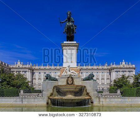 Large Equestrian Statue Of King Philip Iv In The Center Of Plaza De Oriente Near Royal Palace In Mad