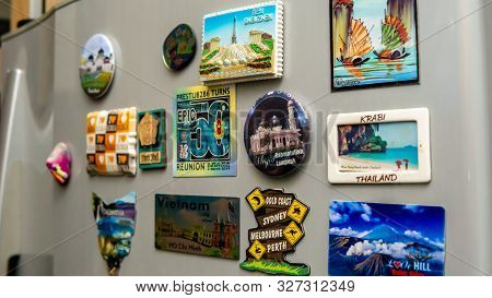 Sungai Buloh, Malaysia - October 13, 2019: Various Types And Design Of Fridge Magnet Of Countries Ar