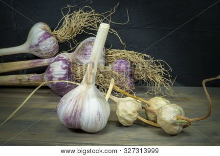 Garlic Harvest, Bulbs And Bulbils On A Rustic Table