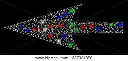 Bright Mesh Sharp Left Arrow With Lightspot Effect. White Wire Carcass Polygonal Mesh In Vector Form