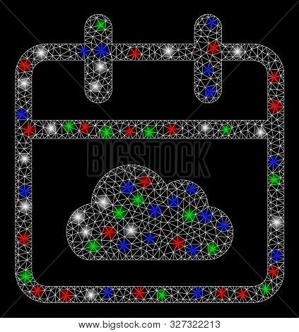 Bright Mesh Cloudy Day With Glow Effect. White Wire Frame Triangular Mesh In Vector Format On A Blac