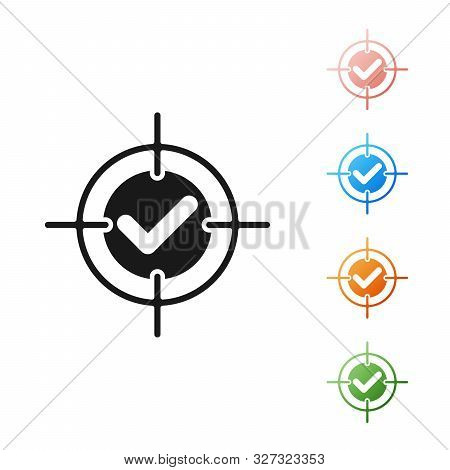 Black Target And Check Mark Icon Isolated On White Background. Dart Board Sign. Archery Board Icon. 