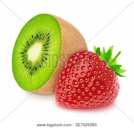 Composite Image With Halved Kiwi And Strawberry Isolated On A White Background.