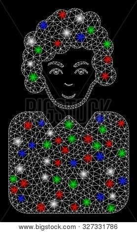 Bright Mesh Bureaucrat Lady With Glare Effect. White Wire Carcass Polygonal Mesh In Vector Format On