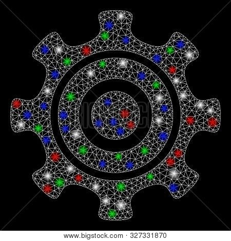 Bright Mesh Cogwheel With Glow Effect. White Wire Frame Triangular Mesh In Vector Format On A Black 