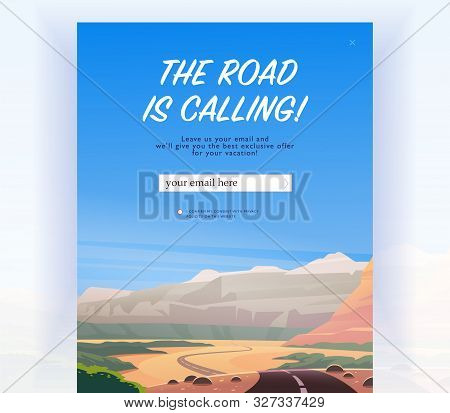 Vector Squeeze Page Design Template With Beautiful Flat Canyon Landscape Illustration And Email Text