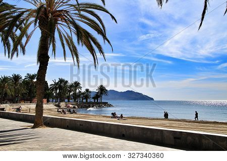 Mazarron, Murcia, Spain- October 3, 2019: Beautiful Beach View From The Promenade In A Sunny And Cle