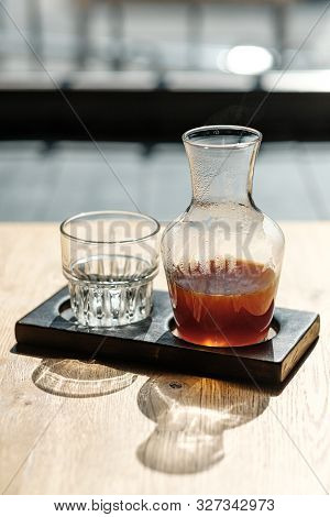 On The Table Is A Jar Of Alternative Coffee And A Glass. Hario V60. Concept Filter Coffee. Top View