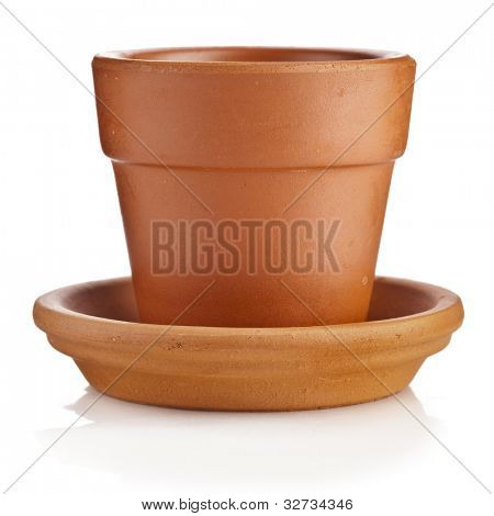 Ler flower pot med underkop isoleret på hvid baggrund