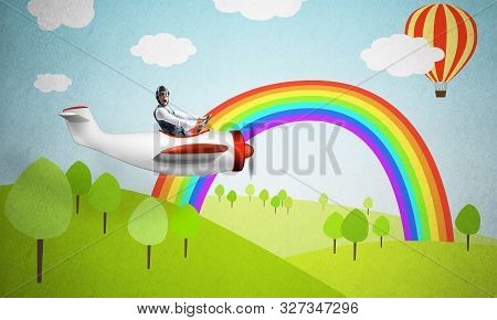 Aviator Driving Small Propeller Plane On Background Of Nature Landscape. Cartoon Summer Field With G