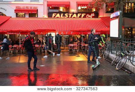 Paris, France-october 08 ,2019 : Falstaff Is Traditional French Cafe Located On Bastille Square In P
