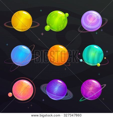 Cute Colorful Glossy Planets. Fantsy Colorful Assets For Game Design.