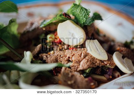Spicy Pork Liver Salad (tub Wan) Is Thai Esan Food