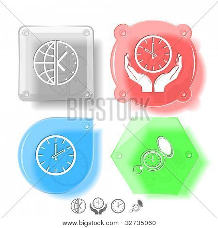 Affaires jeu d'icônes. Horloge, globe et horloge, horloge dans les mains, regardez. Boutons de verre. Illustration vectorielle