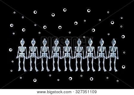 Happy Halloween Row Of Dancing Sceletons On Black Background Flat Lay Banner With Copy Space And Goo