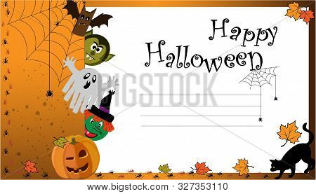 Halloween Card. Ghost, Dracula, Witcher, Bat, Pumpkin, Cat, Web, Spiders. Vector