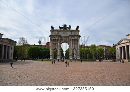 Milan, Italy, 20.07.2019: Porta Sempione, Sempione Gate, City Gate Of Milan At Piazza Sempione, Semp