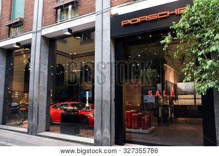 Milan, Italy - 07.06.2019: Porsche Design Italia Store Storefront And Entrance In Via Della Spiga