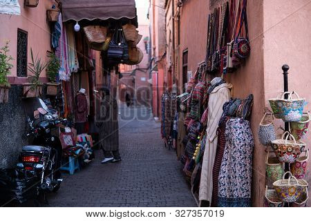 Morocco, Marrakesh - January 2019: Small Street In Marrakechs Medina Old Town. In Marrakech The Hous