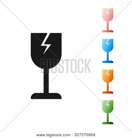 Black Fragile Broken Glass Symbol For Delivery Boxes Icon Isolated On White Background. Set Icons Co