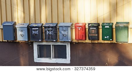 Umea, Sweden - September 15, 2019: Several Different Mailboxes In A Row